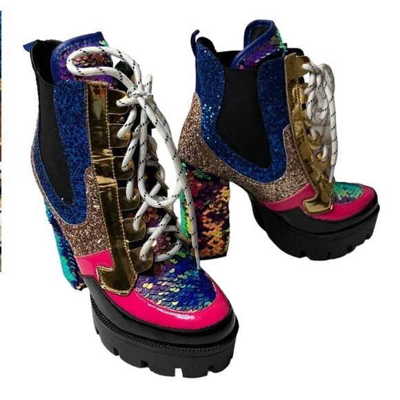 Cape Robbin Sequin Metallic Glitter Boot Heels Lace Up Rave Party Cosplay US 5.5 - Picture 9 of 11
